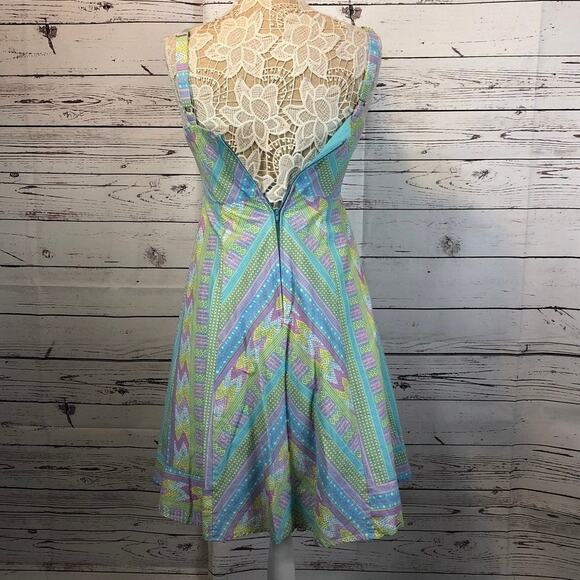 Modcloth fit and flare sleeveless dress blue, pink & green size medium - Picture 8 of 12